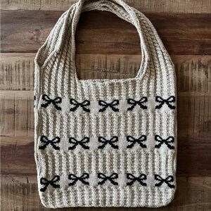 Elegant Beige and Black Knit Tote Bag